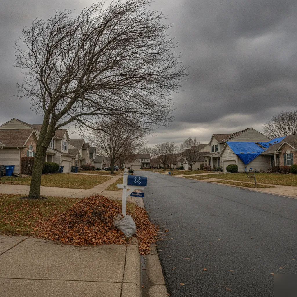 Brownsburg neighborhood roof showing storm damage context