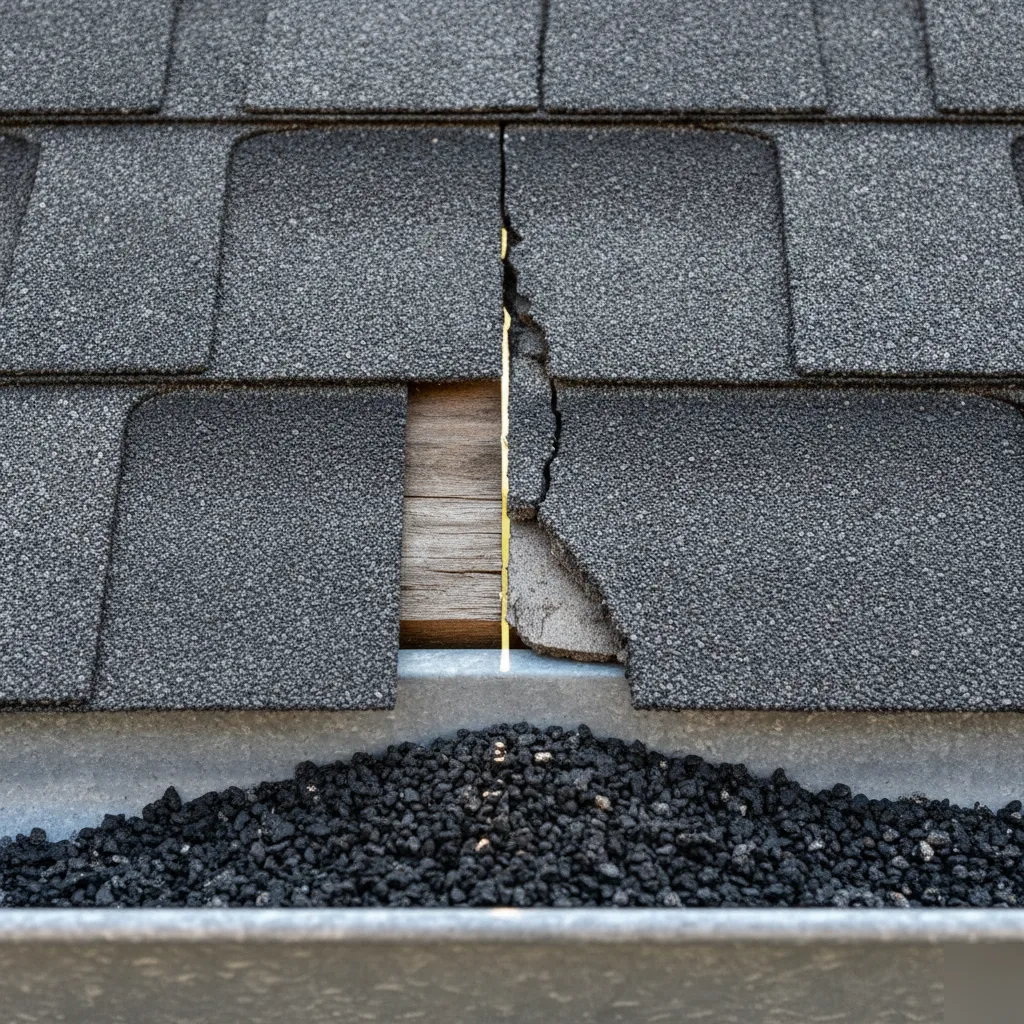 Close-up of shingle damage for the roof replacement decision guide