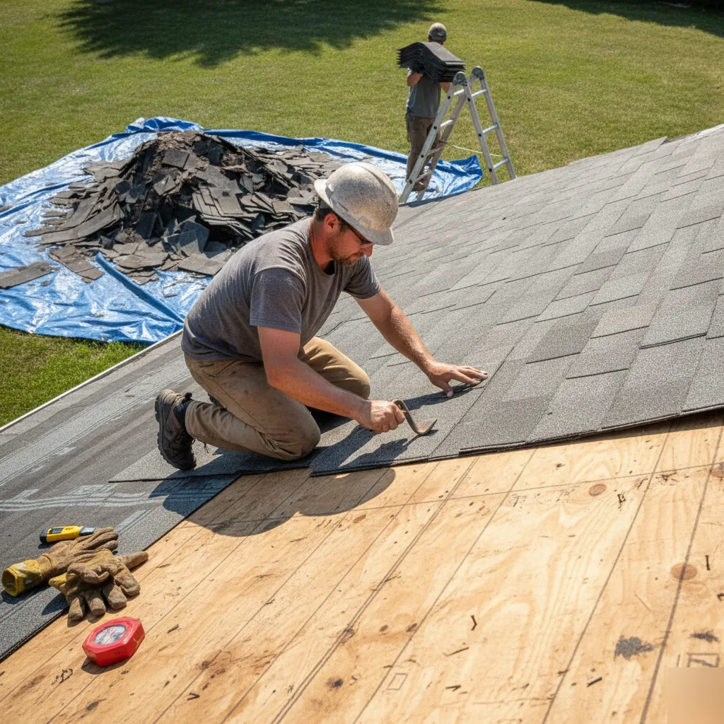 Roof replacement tear-off and installation process on a Brownsburg home