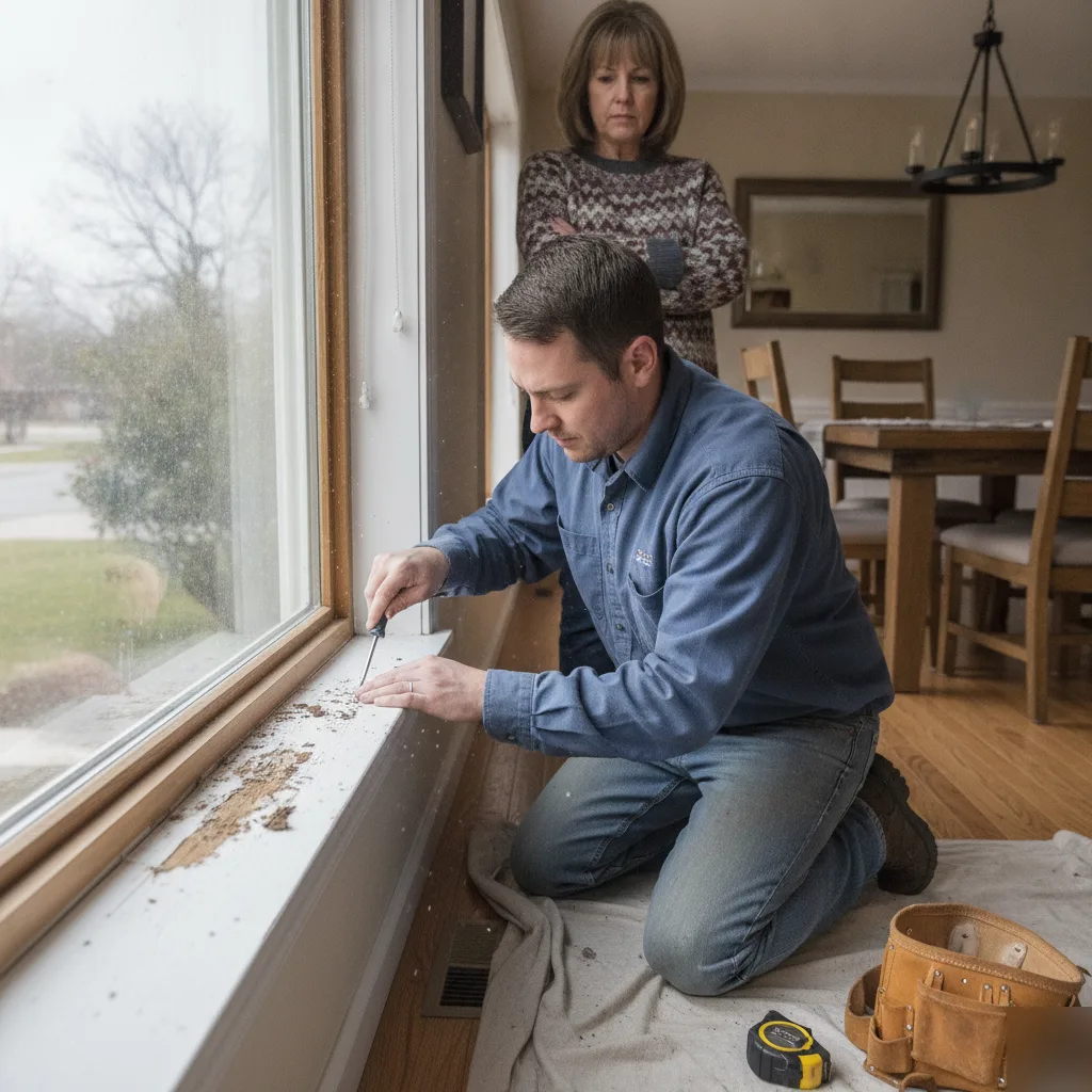 Inspecting a Brownsburg home window frame for rot
