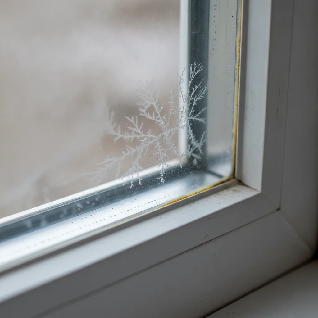 Close-up of a failed window glass seal in Brownsburg