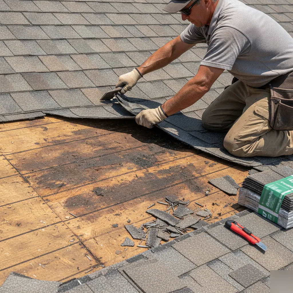 Hidden roof decking damage found during a Brownsburg tear-off