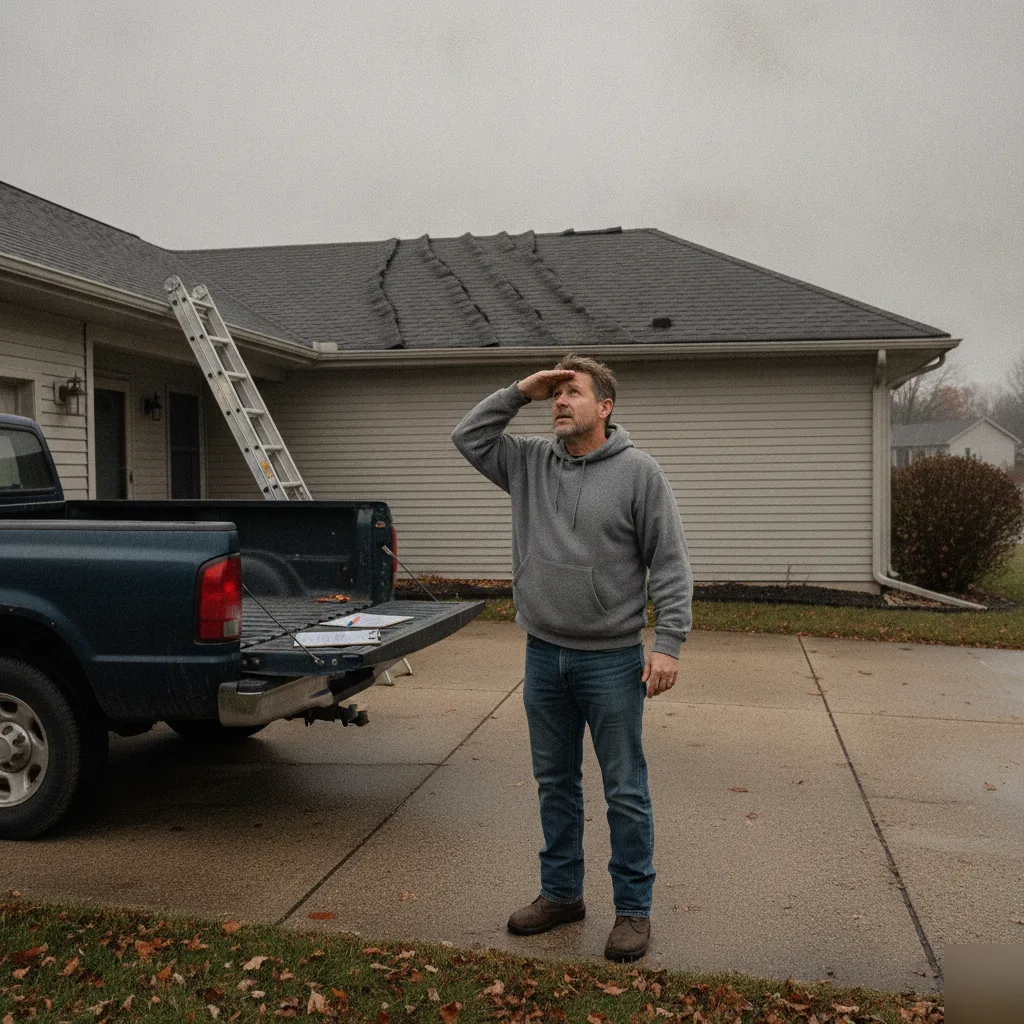 Homeowner reviewing a roof overlay vs. tear-off inspection in Brownsburg