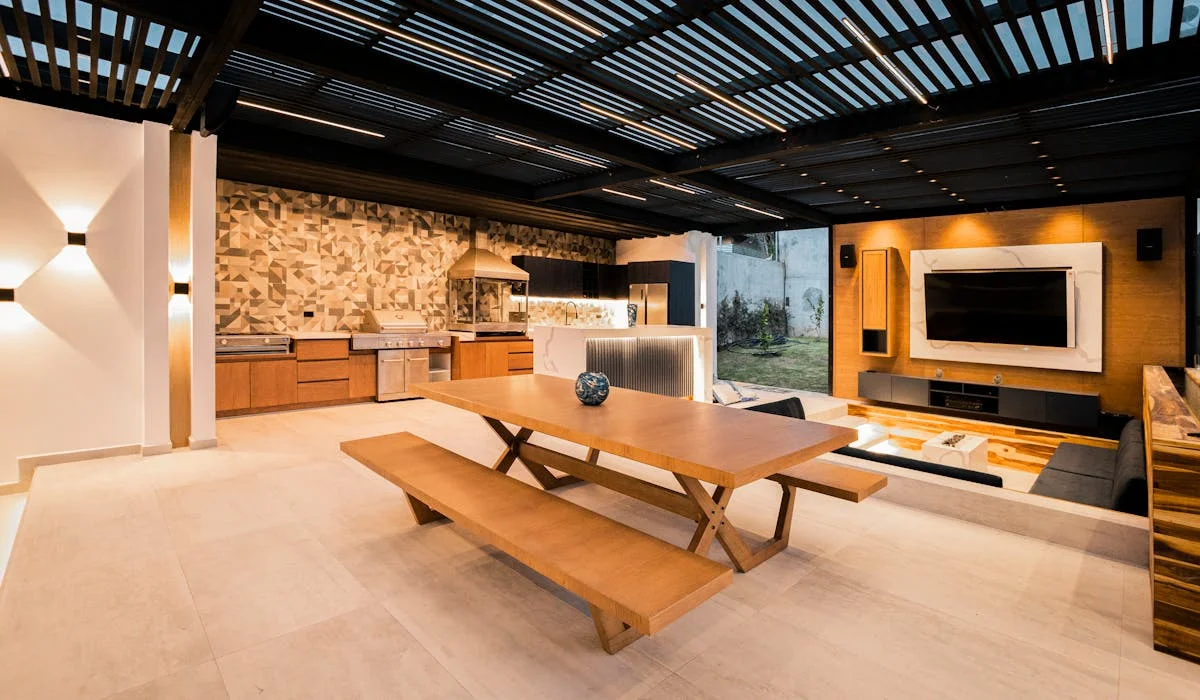 Completed outdoor kitchen and entertaining space with built-in appliances in Brownsburg Indiana