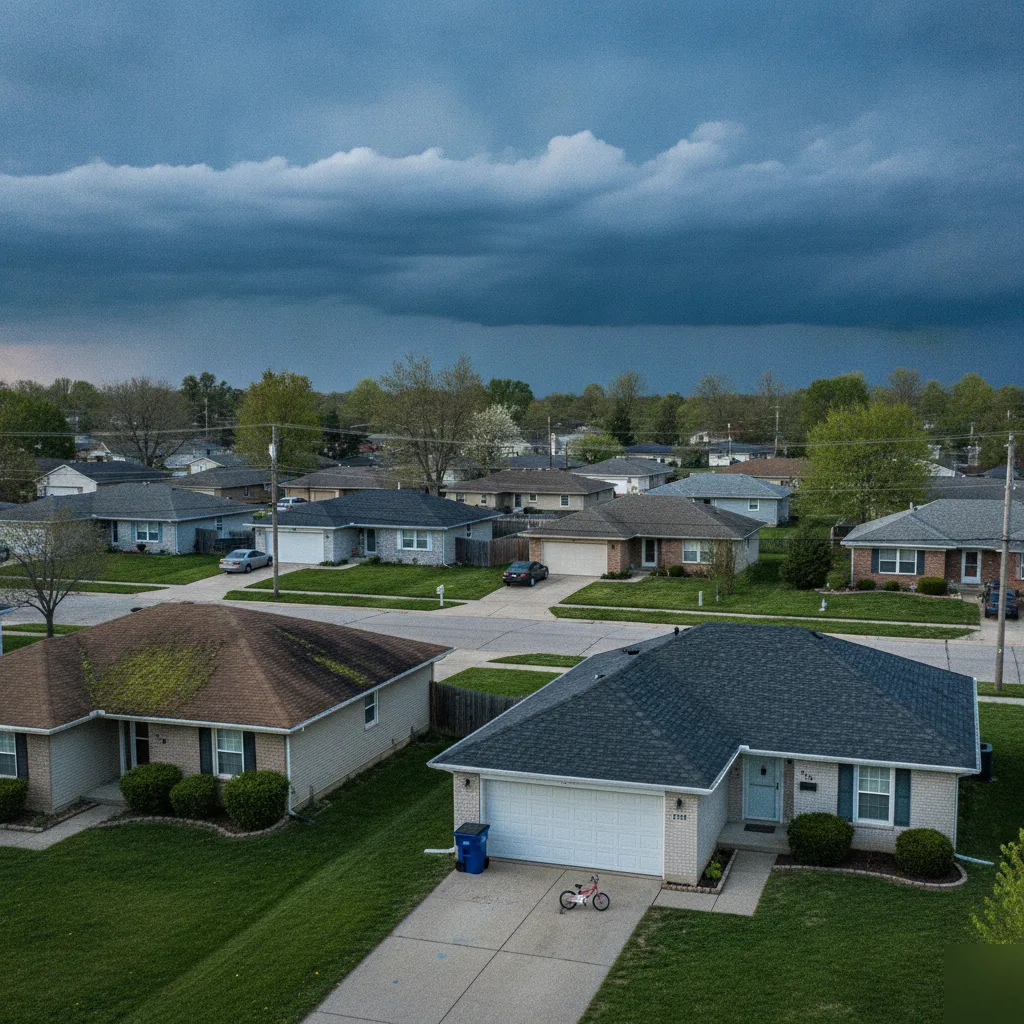 Brownsburg neighborhood roof showing age during spring storm season