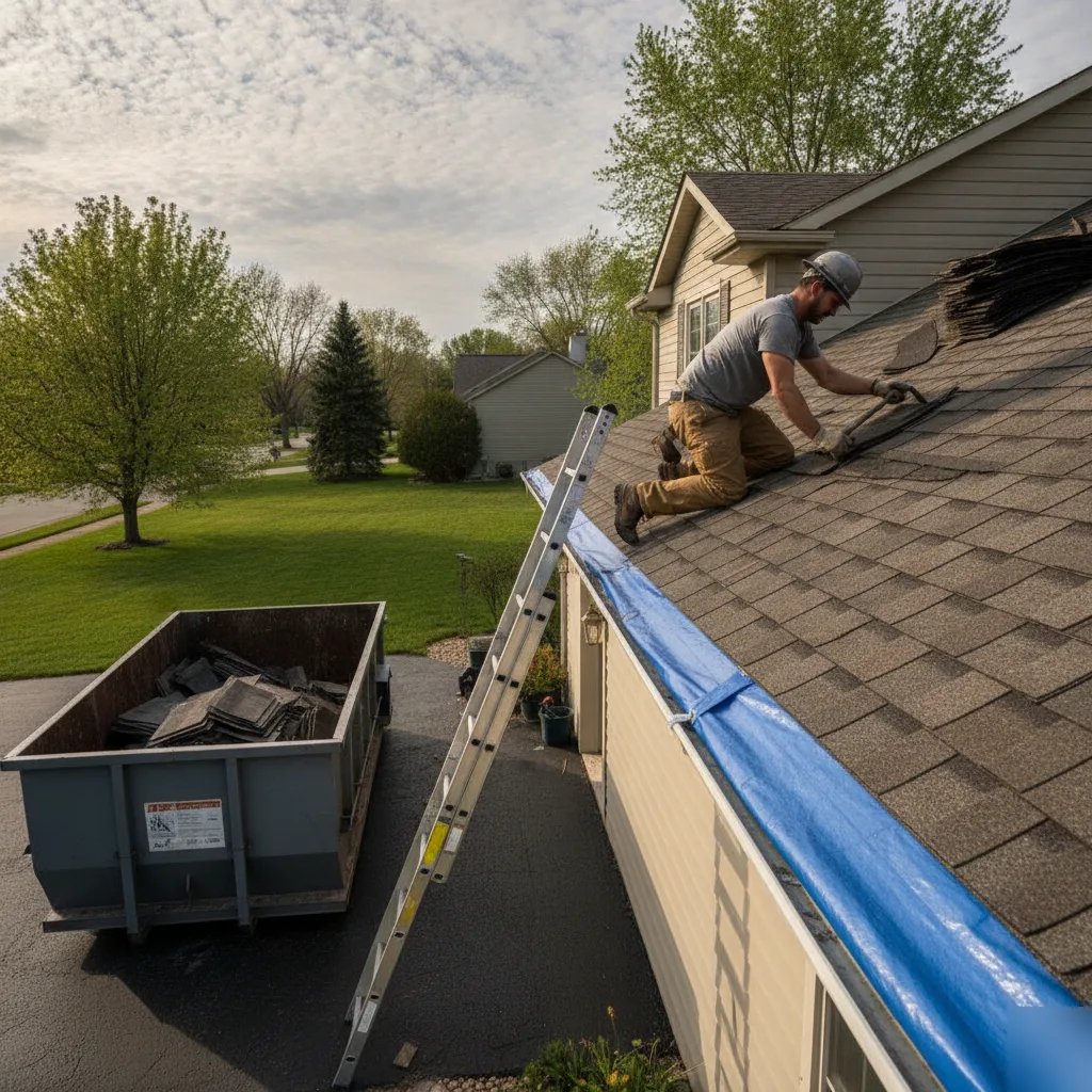 Spring roof replacement contractor removing shingles in Brownsburg